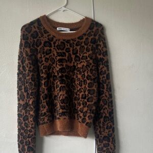 Zara Brown and Black Leopard Print Fuzzy Crewneck Sweater